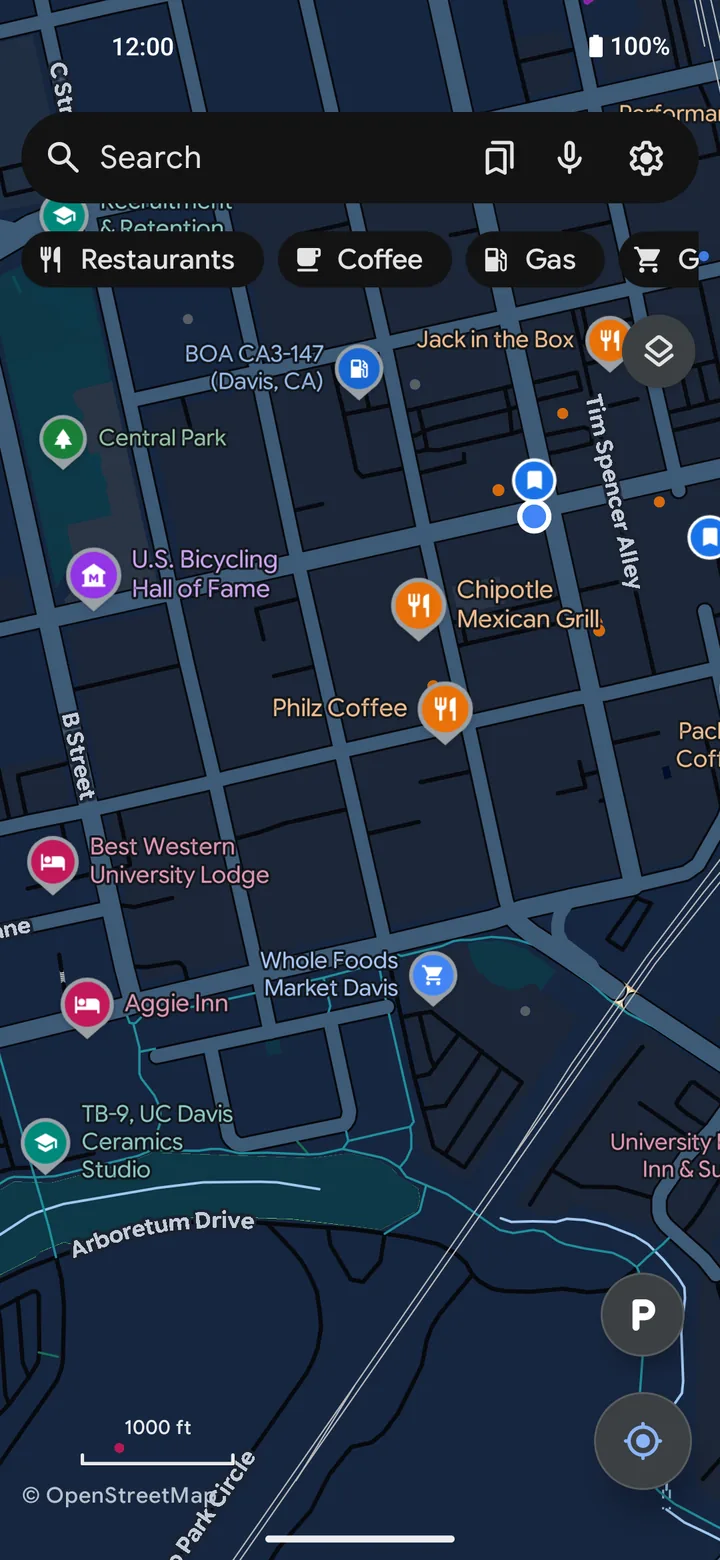 Vela's map in dark mode with shops and restaurants marked
