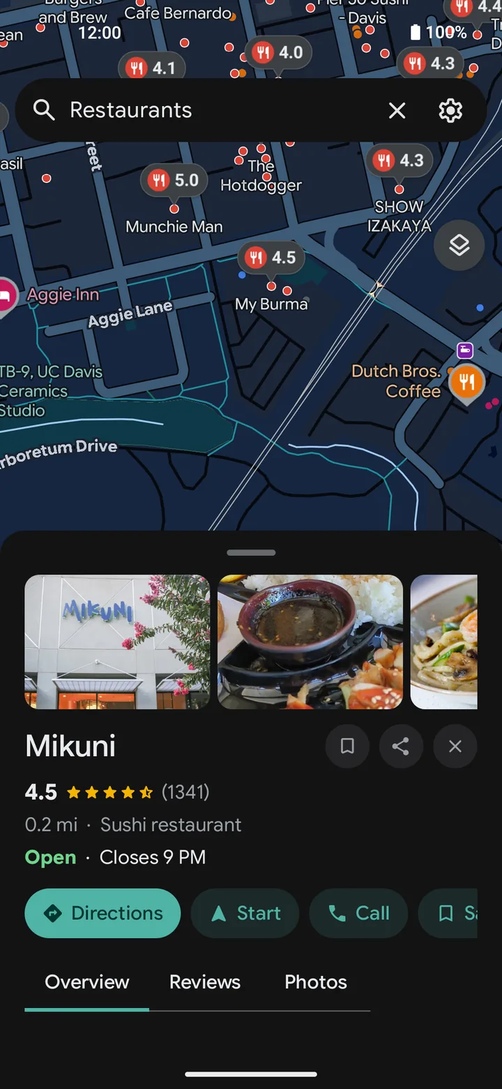 A place page in Vela showing hours, rating and photos
