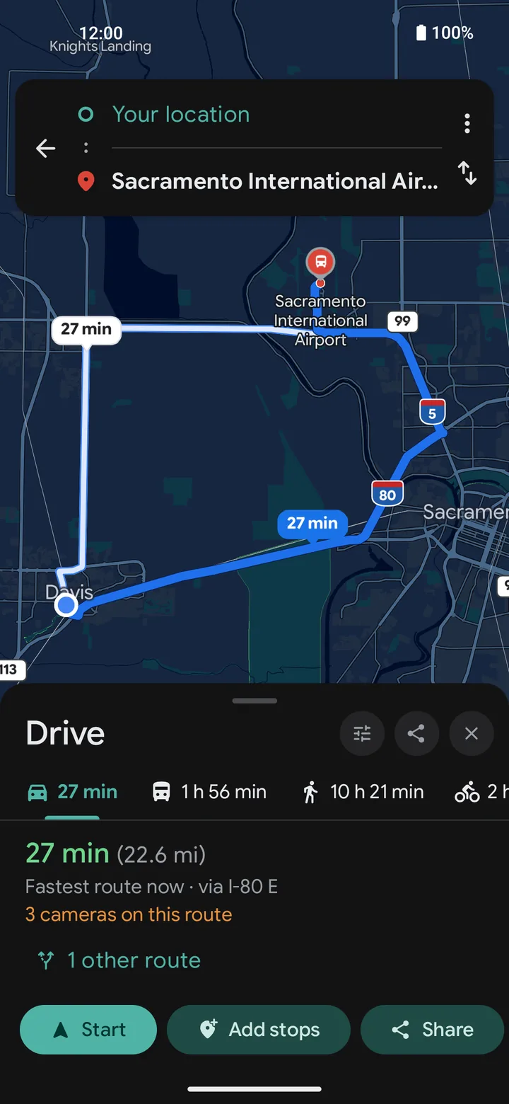 Route options in Vela with traffic-aware times