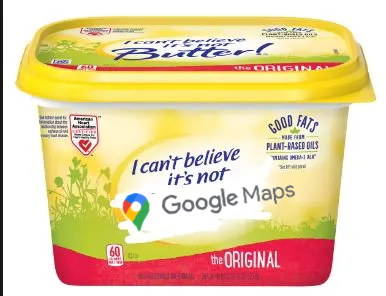 A tub of I Can't Believe It's Not Butter with the word Butter replaced by the Google Maps logo